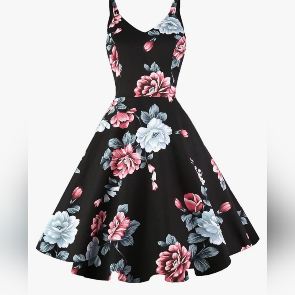 Floral Black Cocktail Dress Retro Vtg Flair Garden Fairy Whimsigoth Size S